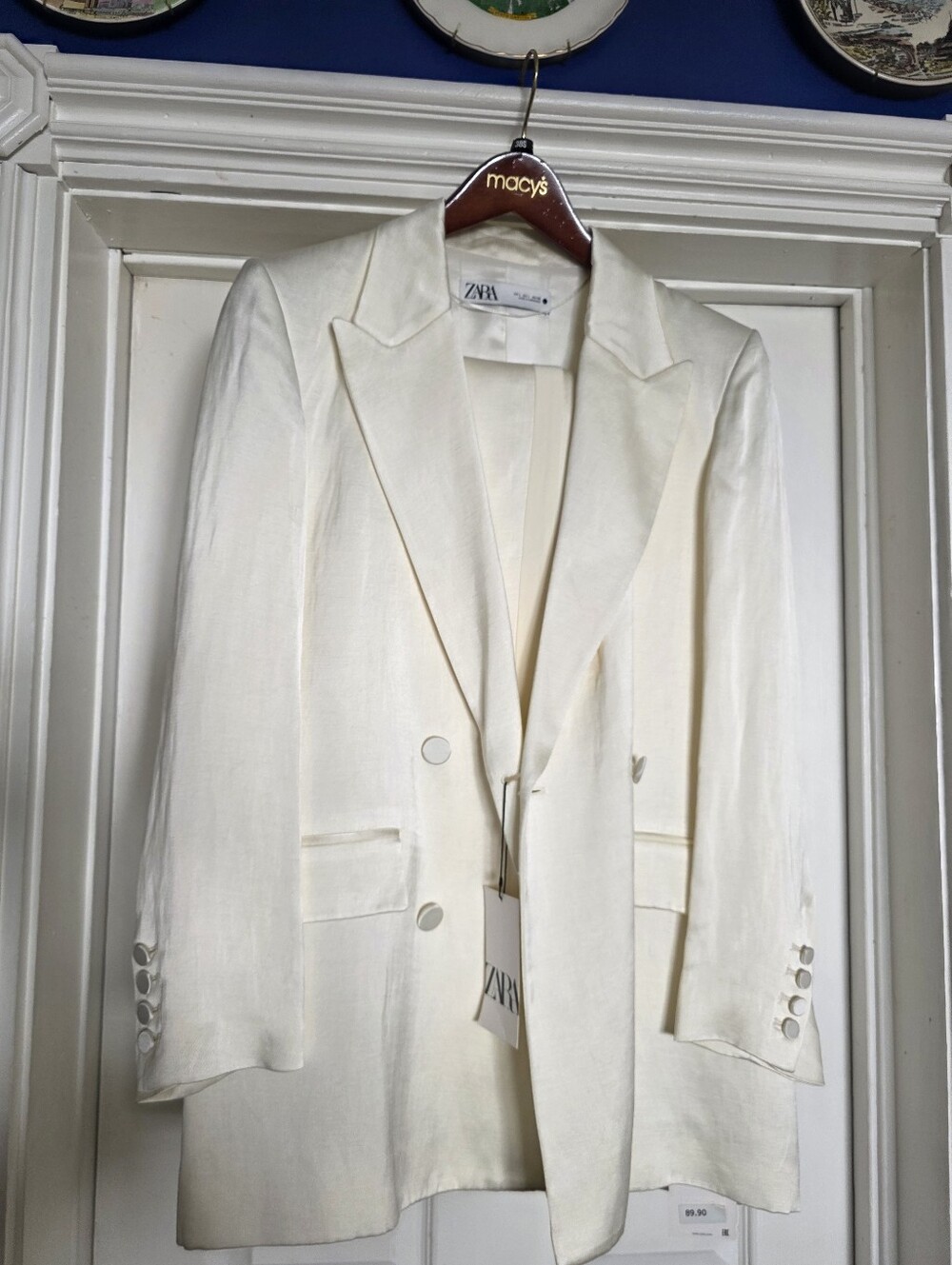 NWT Zara Cream Double-Breasted Satin Linen Blend Blazer Large